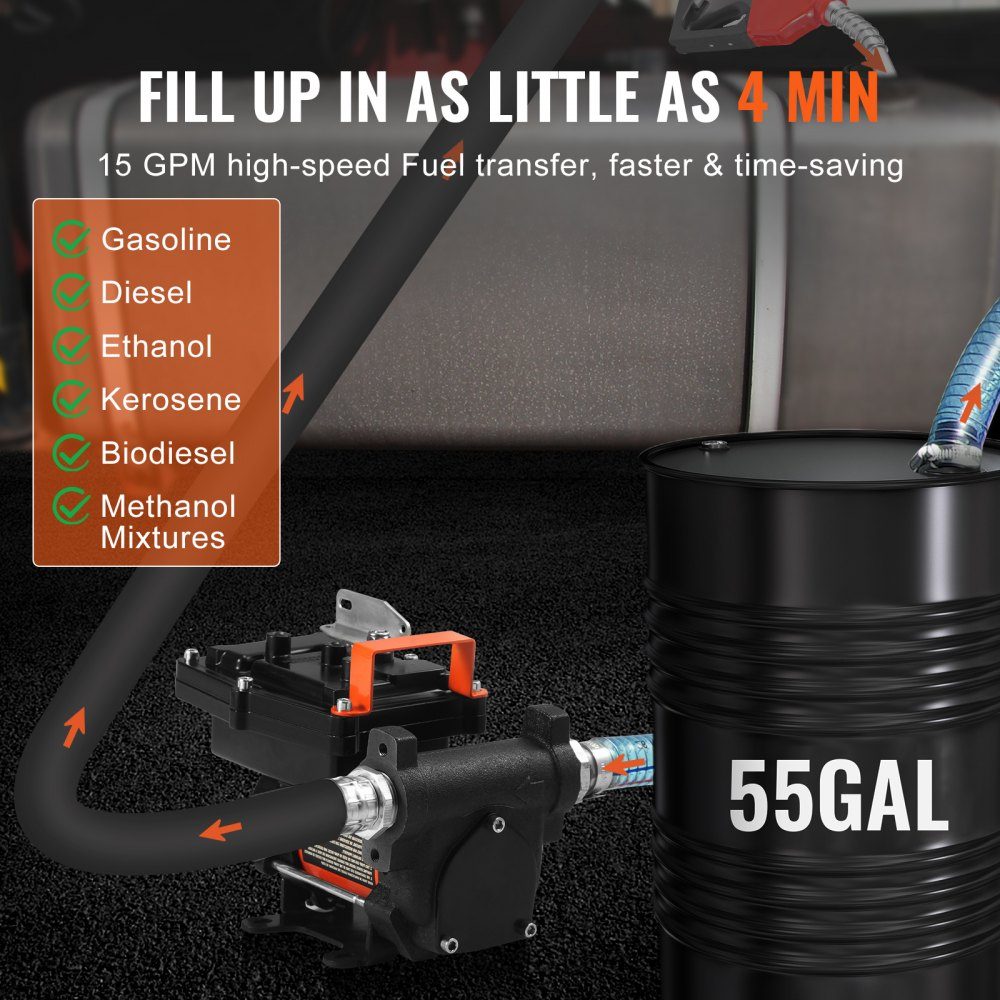 Dieselpumpe, 12 V Gleichstrom, 15 GPM, 1/4 PS, tragbare elektrische Kraftstoffpumpe mit automatischer Pistolenabschaltung, Einlass- und Auslassschlauch für Benzin, Diesel, Kerosin, Methanolmischungen