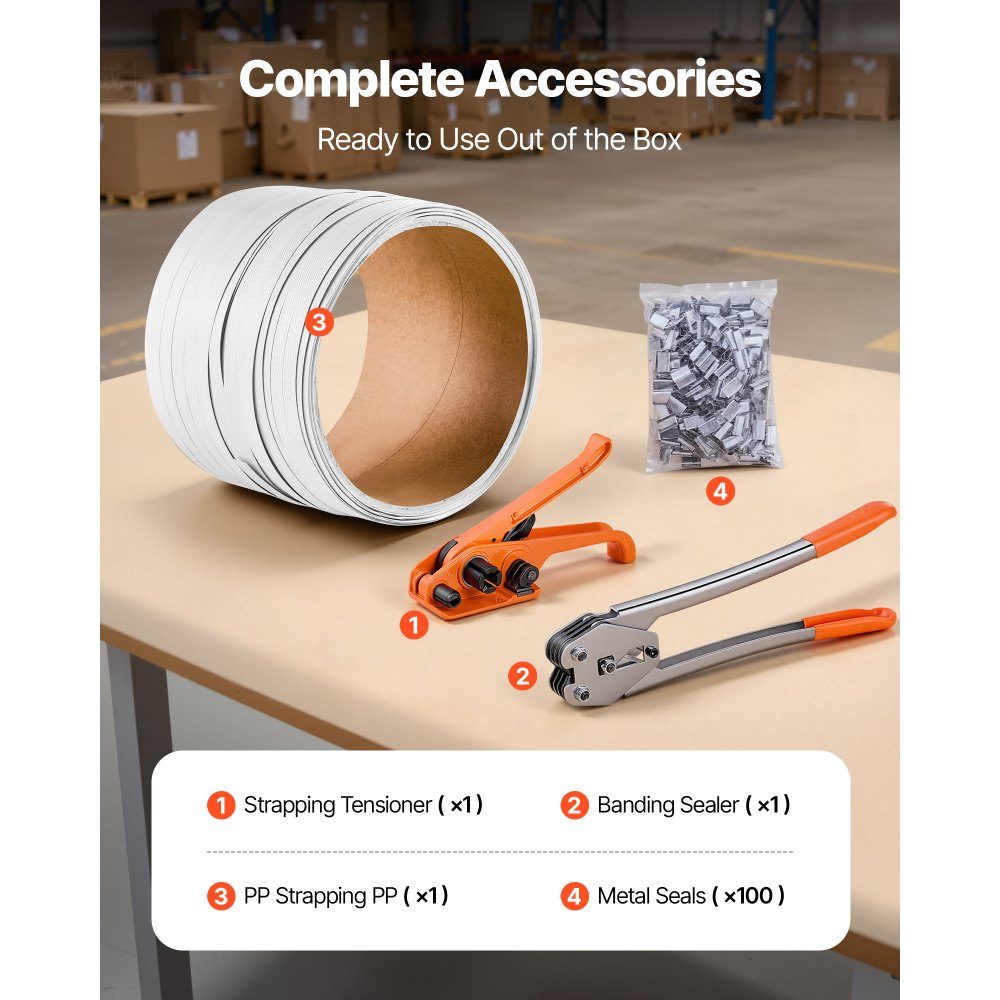 4-piece strapping set with strapping tape, manual strapping tool with 100 m PET tape, 100 metal clips & cutters, ideal workshop equipment for industrial packaging, transport & storage