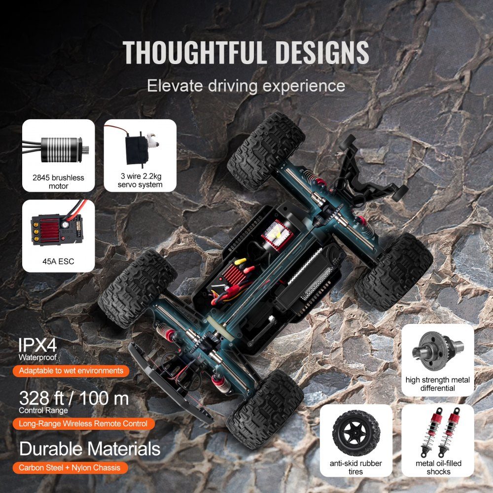 Remote Control Car, 1:10 Scale RC Car, 4WD Off-Road Vehicle with 45° Wheelie and Adjustable Speed, 50km/h RC Racing Car Toy, Ideal for Ages 8 and Up, IPX4