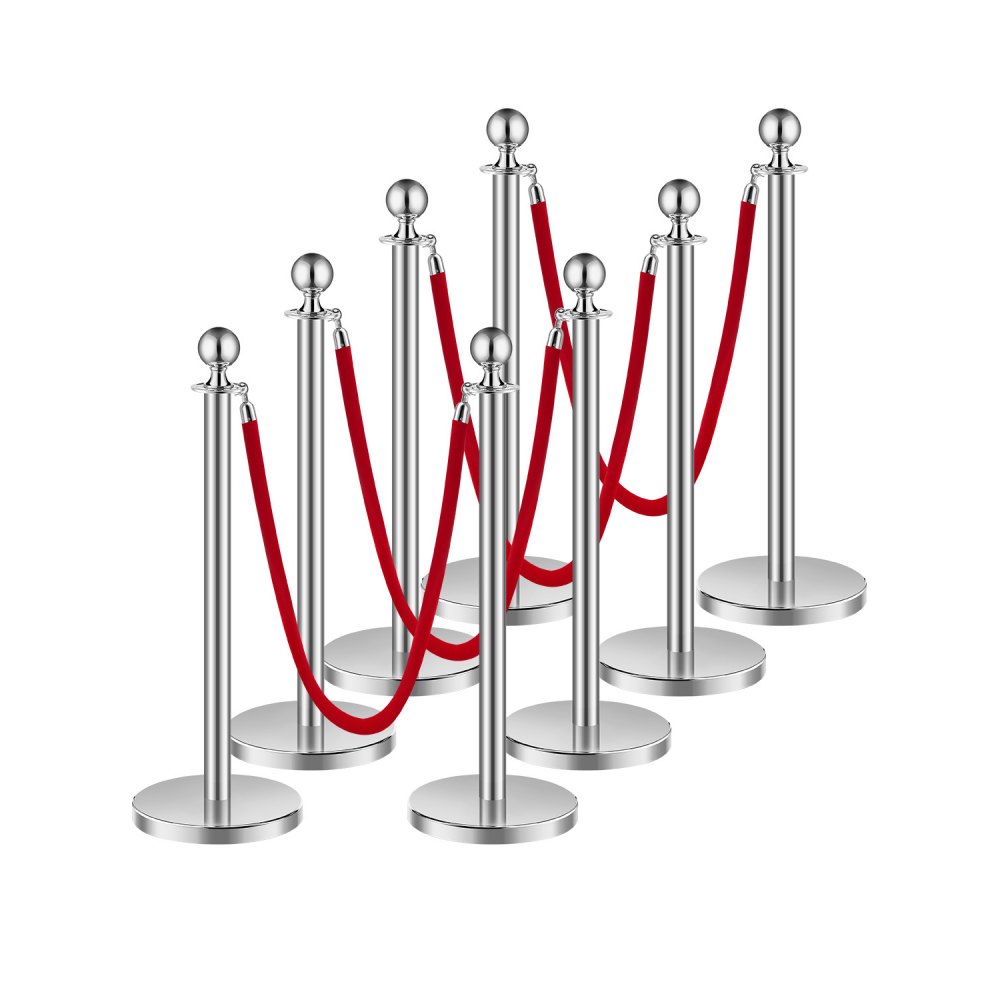 Barrier posts (8 pieces) for crowd control with 4 red velvet ropes (1.5 m long), barrier stand made of stainless steel with refillable base for exhibitions, silver