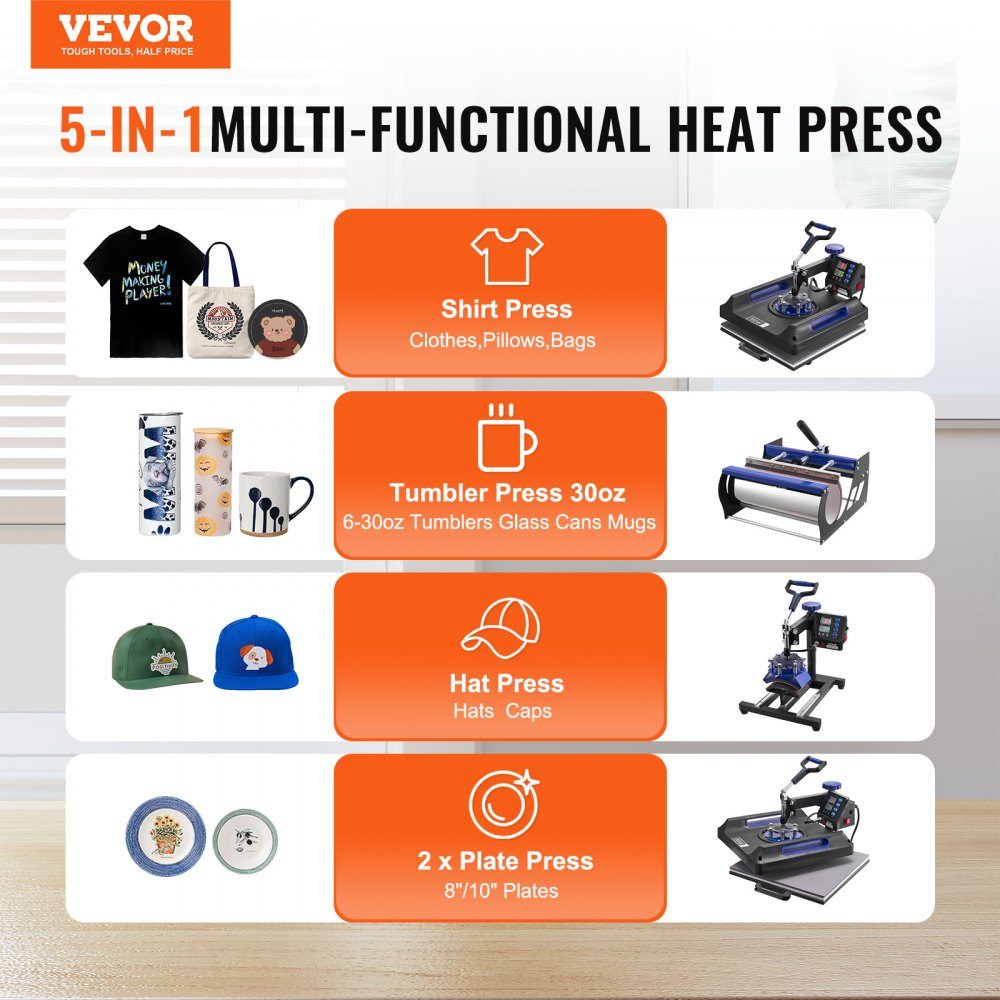 Warmtepers 15" x 15" 5 in 1 warmteoverdrachtmachine met 30-Unzen-Trommelpresse 360° wegzwenkbaar digitaal T-shirt met tefloncoating voor T-shirts/mokken/hoeden/borden zwart + blauw