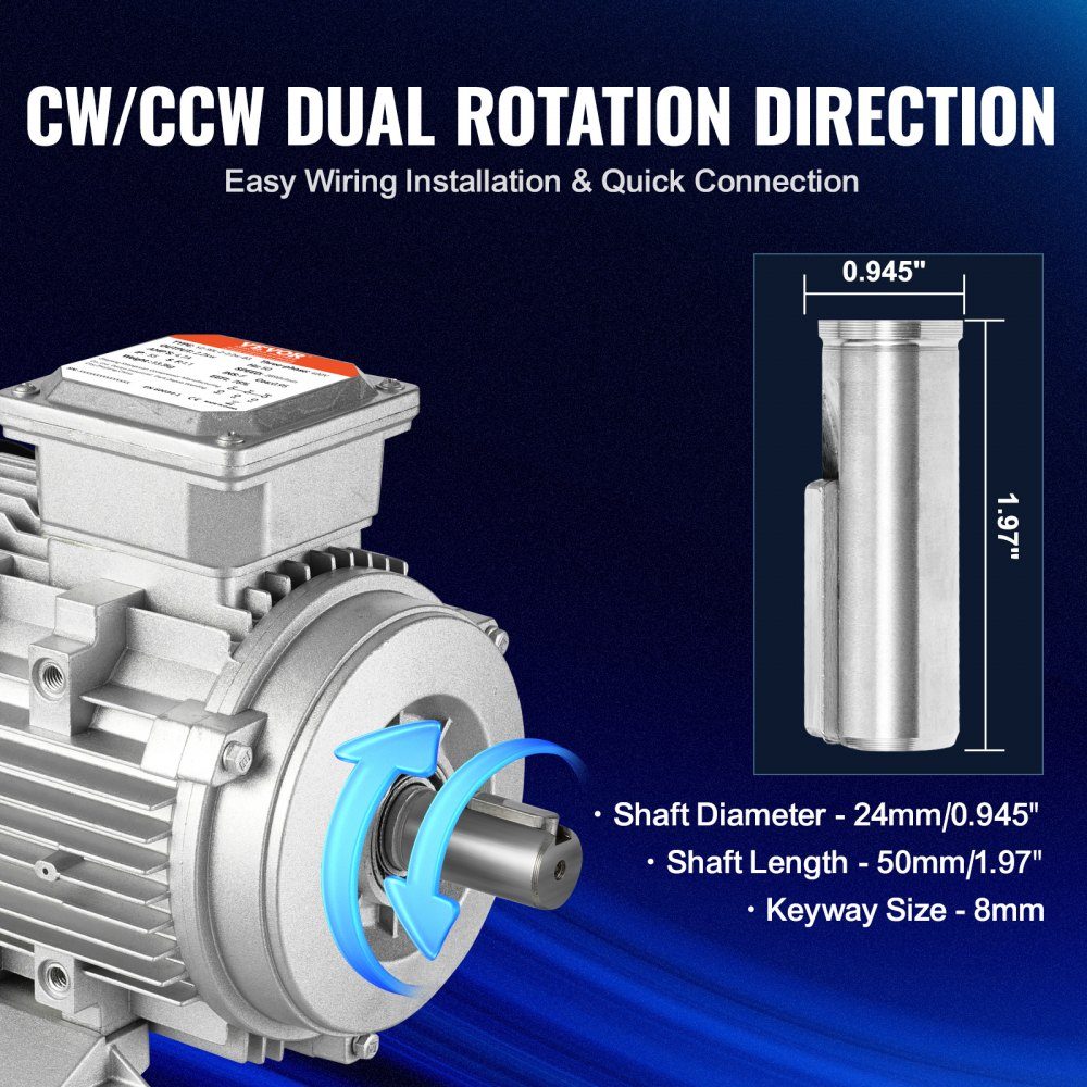 1,5 kW Elektromotor 3000 U/min AC 230 V/400 V 9,5 A/3,5 A 90L B3 Rahmen Luftkompressormotor 3 Phasen 24 mm Keilwelle Rechts-/Linksdrehung für landwirtschaftliche Maschinen und allgemeine Geräte