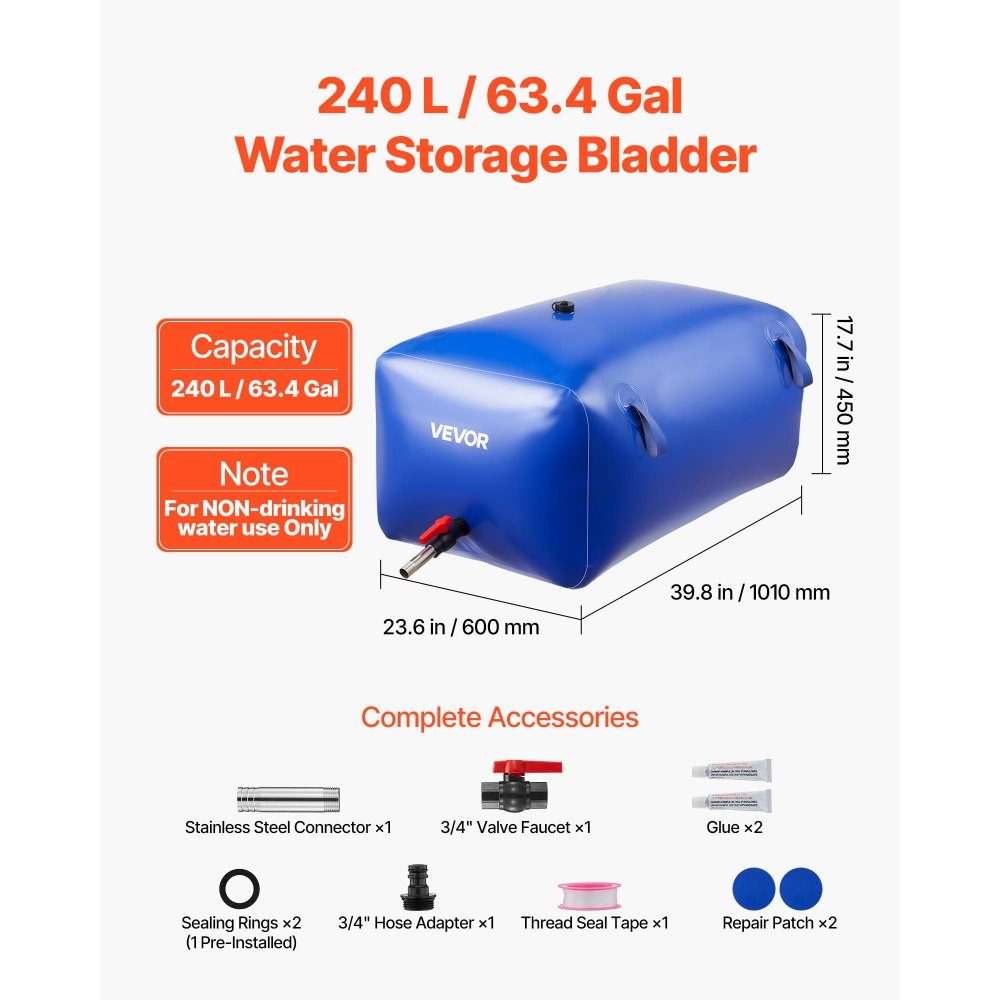 Vessie de stockage d'eau, sac d'eau souple en PVC de 240 L, récipient de stockage d'eau, réservoir d'eau de camping-car étanche et résistant à l'usure pour l'irrigation extérieure, le camping