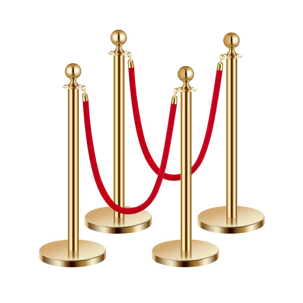Barrier posts (4 pieces) for crowd control with 2 red velvet ropes (1.5 m long), stainless steel barrier stand with refillable base for exhibitions Golden
