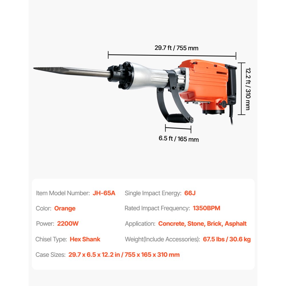 Hochleistungs-Betonbrecher, Abbruchhammer 2200 W, elektrischer Abbruchhammer, Bohrhammer, Betonhammer, Stemmhammer 1400 BPM, inklusive 6 Meißel, Spitzmeißel, Flachmeißel, Schabmeißel für Schiefer, Beton usw