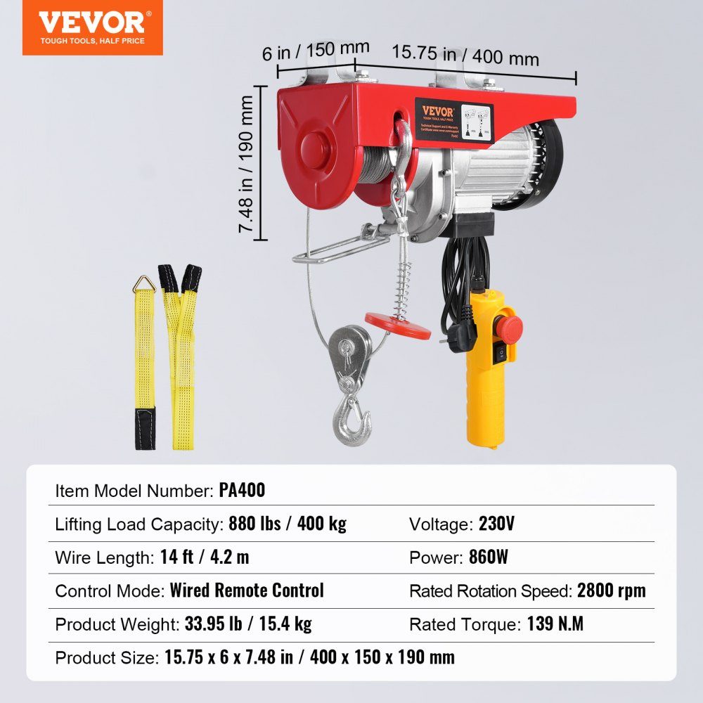 Electric Winch 400kg Motor Winch with 4.2m Cable Remote Control 12m Lifting Height with Single Rope Single/Double Slings Emergency Stop Hoist for Garage Warehouse Factory