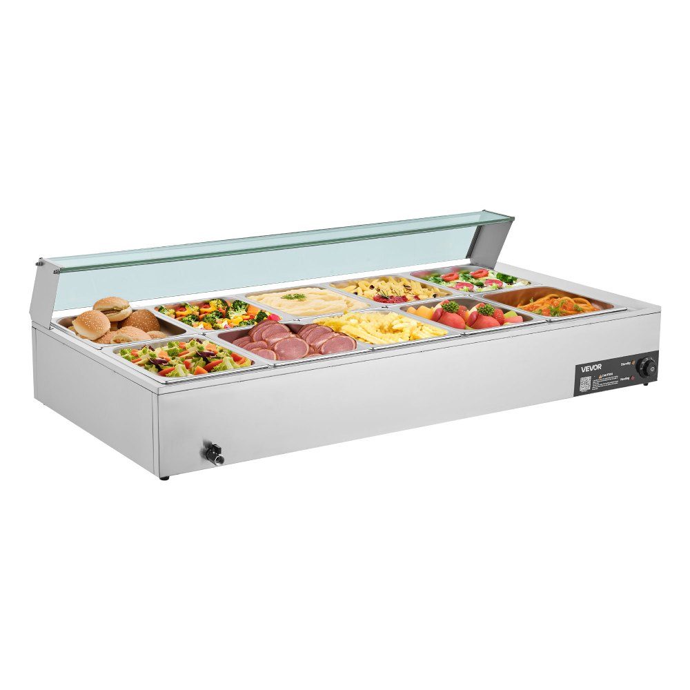 Commercial Food Warmer (10 x Size 1/2 Containers), 1.7KW Stainless Steel Electric Warming Container with Glass Cover and Soup Ladle, Chafing Dishes for Catering Restaurant Parties