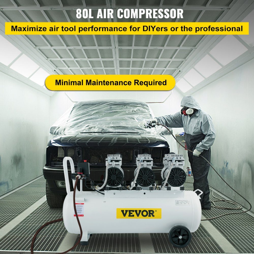 Whisper Compressor Oil Free Air Compressor 80L Compressed Air Quiet with 2 Pressure Gauges for Home Repairs, Underfloor Heating Cleaning, Sheet Metal Painting, Steel Air Gun, Dentistry etc