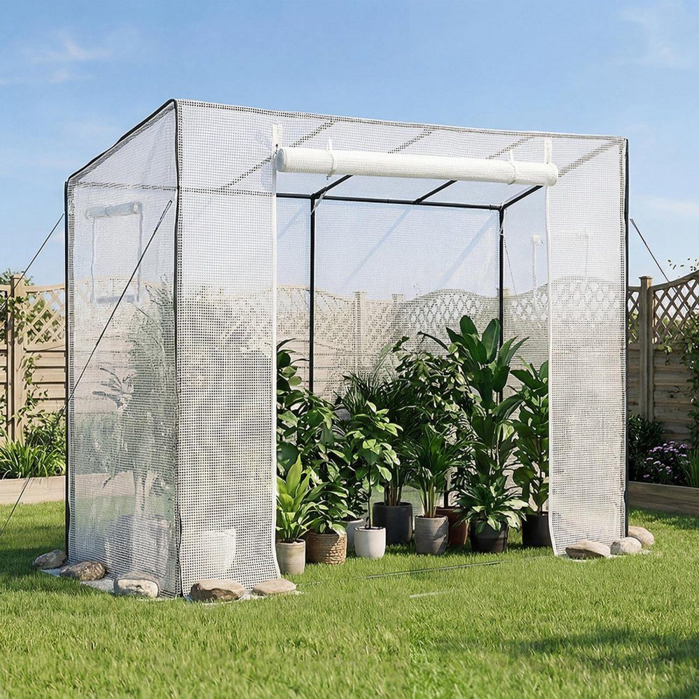 Greenhouse 195x77x146/168 cm, film greenhouse, tomato house with powder-coated steel frame, PE cover, roll-up zipper door & 2 windows, greenhouse for outdoor use