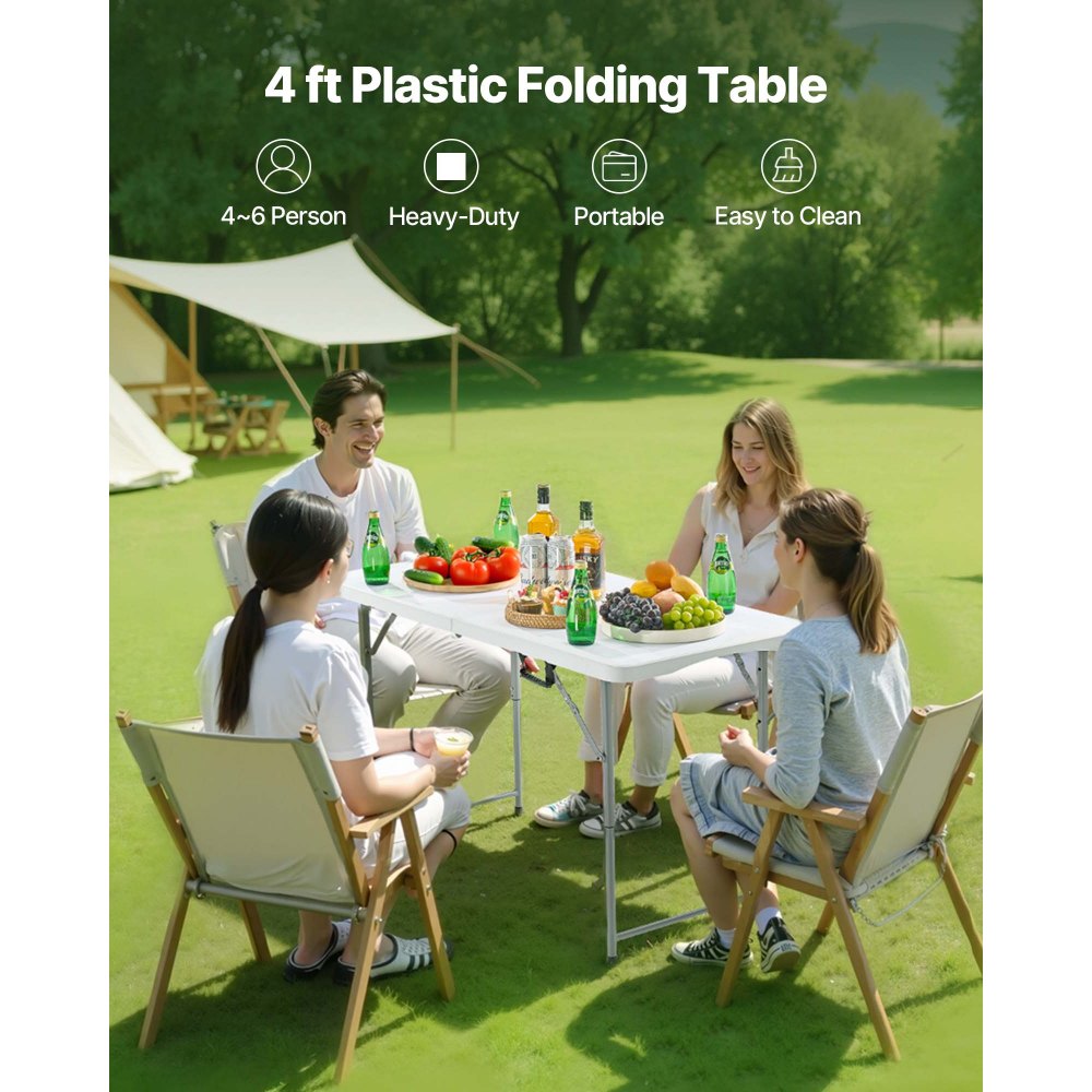 Klappbarer Buffettisch, tragbarer Allzwecktisch, 122 cm, rechteckiger Kunststofftisch mit verstellbarer Höhe und integriertem Griff, Gartentisch, Campingtisch für Partys, Picknick, Camping, weiß Klappbarer Buffettisch, tragbarer Allzwecktisch, 122 cm, rechteckiger Kunststofftisch mit verstellbarer Höhe und integriertem Griff, Gartentisch, Campingtisch für Partys, Picknick, Camping, weiß