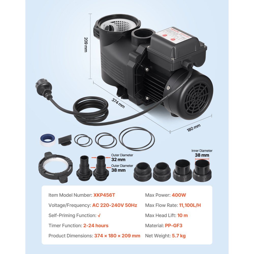 Pompa basenowa 400 W, pompa filtrująca 11.100 L/H max. natężenie przepływu, jednostopniowa pompa basenowa, 3450 obr./min, maks. 10 m. głowica, mit 24-Stunden-Timer i kosz filtrujący, do basenów naziemnych i naziemnych oraz spa