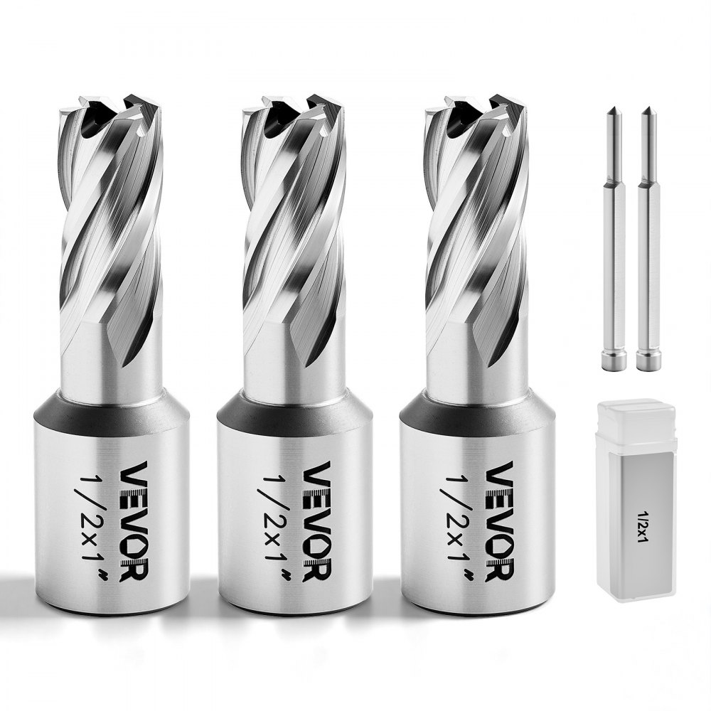 Carottier HSS tige Weldon 5 pcs. Perceuse magnétique diamètre de coupe 25,4 mm, 3 forets avec 2 goupilles de centrage, profondeur de coupe 25,4 mm, 3 coffrets plastique pour perceuses magnétiques, acier, aluminium