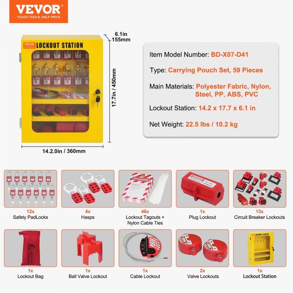 Electric Lockout Tagout Kit, 59 piece security lockout tagout set with padlocks, hasps, tags, cable ties, plug lock and circuit breaker latches