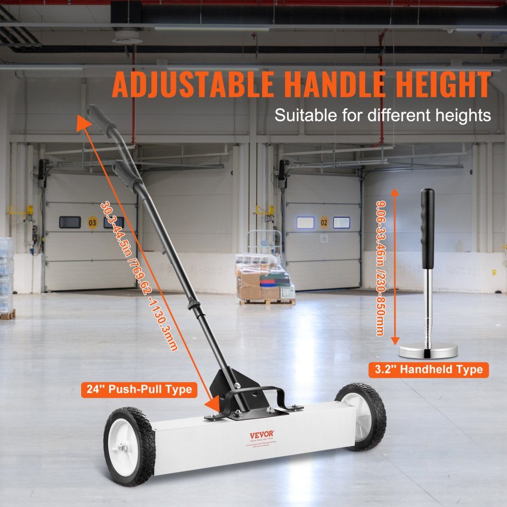24 Inch Wheeled Magnetic Sweeper, 50 Pound Capacity, with Extendable Magnetic Pickup Tool, Adjustable Handle, Magnetic Pickup Sweeper for Picking Up Nails and Screws, for Workshop, Garage, Yard