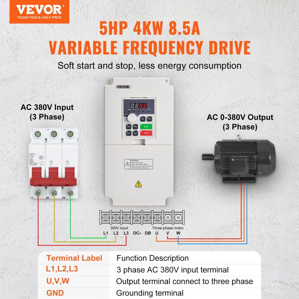 Variateur de fréquence VFD 5HP, 4kW, 8,5A, CA triphasé, entrée 380V vers CA triphasé, sortie 0-380V, variateur de fréquence, entrée 50/60Hz, sortie 0-2000Hz, VFD pour contrôle de vitesse du moteur de broche