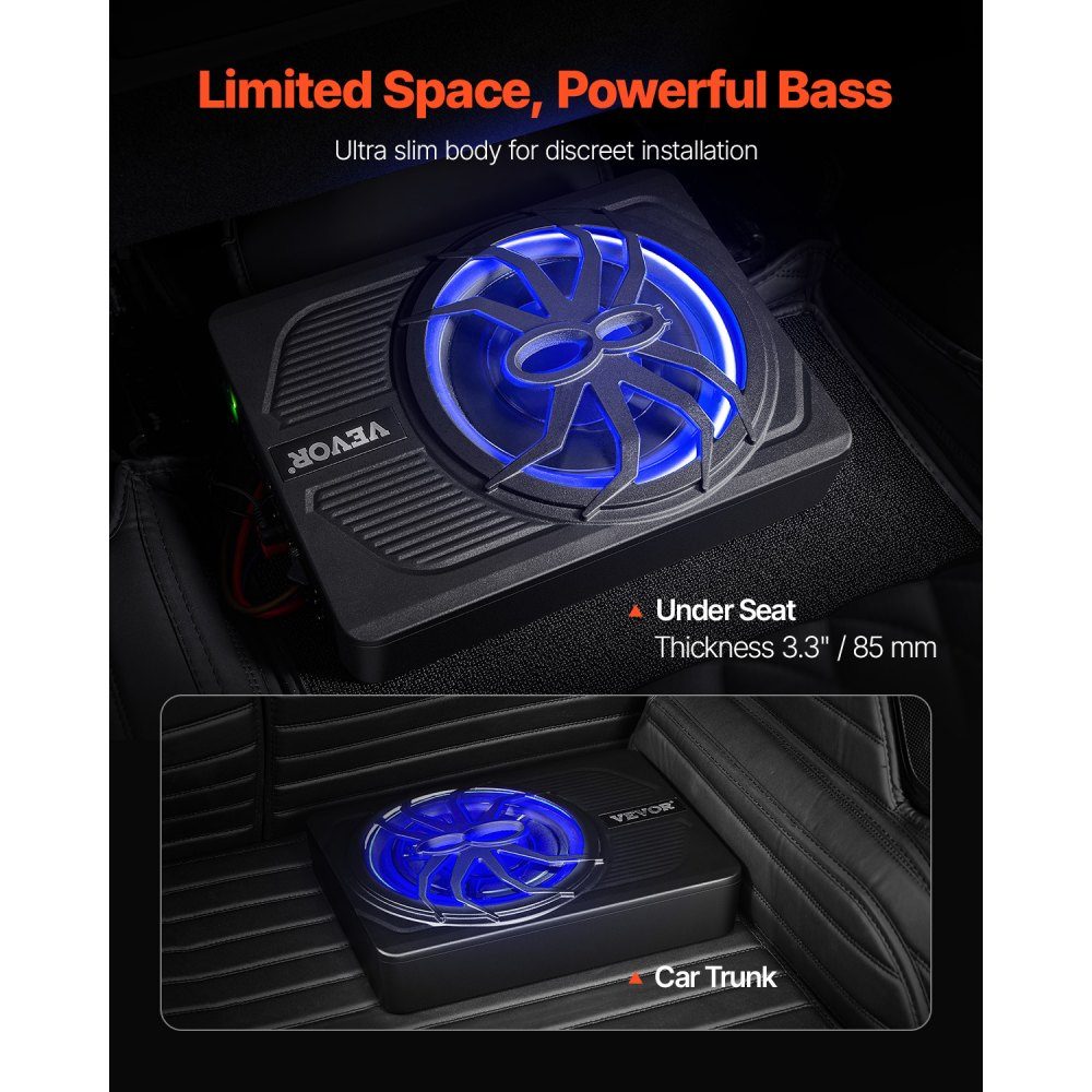 Subwoofer samochodowy pod siedzeniem 440 W 254 mm Smukły subwoofer samochodowy pod siedzeniem z wbudowanym wzmacniaczem, wejściem wysokiego/niskiego poziomu i regulacją głośności dla SUV-ów Ciężarówki