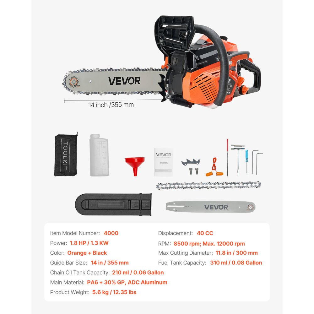 40-cc-Benzin-Kettensäge, 355-mm-Benzin-Kettensäge, 1,8-PS-Säge mit rutschfestem Griff, zwei Kraftstofftanks, Not-Aus-Funktion, max. 12.000 U/min, zum Fällen, Baumschneiden und Roden 40-cc-Benzin-Kettensäge, 355-mm-Benzin-Kettensäge, 1,8-PS-Säge mit rutschfestem Griff, zwei Kraftstofftanks, Not-Aus-Funktion, max. 12.000 U/min, zum Fällen, Baumschneiden und Roden