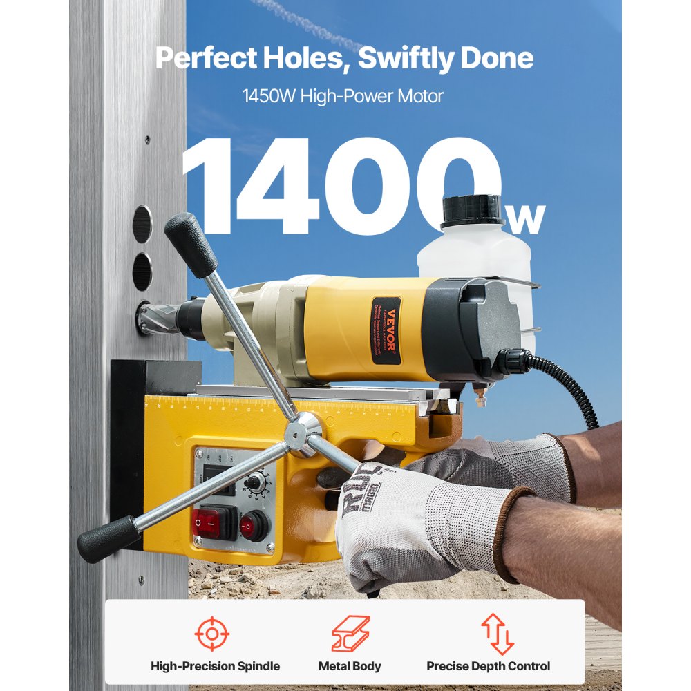 Perceuse magnétique 1400 W φ50 mm, 12800 N, perceuse magnétique électrique portable avec 6 carottiers, perceuse 650 tr/min pour l'industrie des surfaces métalliques, bricolage, jaune