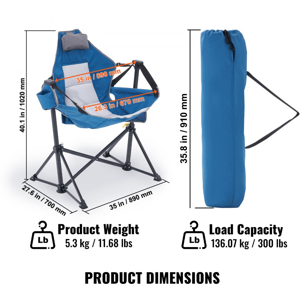 Chaise de camping inclinable, capacité de charge de 300 livres, chaise suspendue de camping, chaise pliante avec porte-gobelet, sac de rangement, appui-tête et dossier réglable, pour le camping et autres activités de plein air Chaise de camping inclinable, capacité de charge de 300 livres, chaise suspendue de camping, chaise pliante avec porte-gobelet, sac de rangement, appui-tête et dossier réglable, pour le camping et autres activités de plein air
