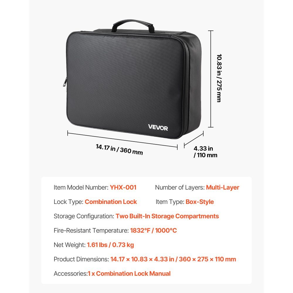 Fireproof Document Box Document Bag 1000°C Heat Insulated Waterproof Document Storage Box with Lock Portable Multi-layer Briefcase for Passports Important Documents