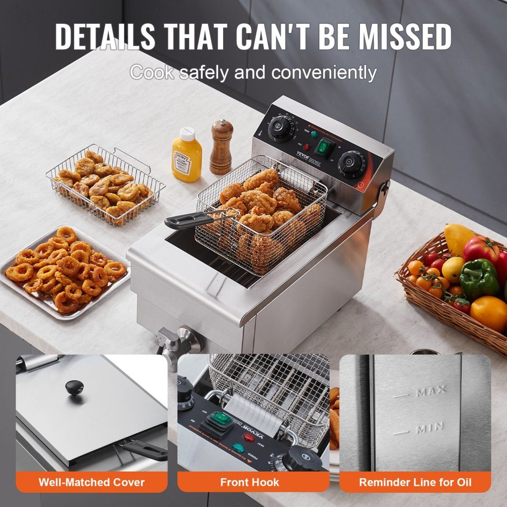 Commercial Deep Fryer, 1500W Electric Deep Fryer with Basket, 9L Stainless Steel Deep Fryer with Time and Temperature Control, Overheat Protection, Deep Fryer for Kitchen, Restaurant, Cafe, Bar