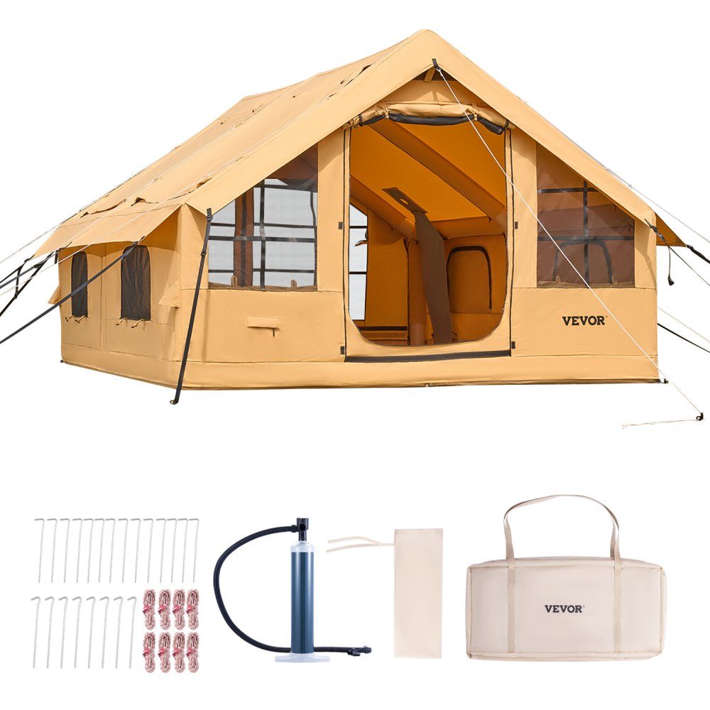 Aufblasbares Zelt für Camping, Zelt für 5–8 Personen mit Handpumpe, 4 x 3 x 2,2 m großes Glamping-Zelt mit 2 Oberlichtern, Vordach, Herdanschluss, 2 Türen, Netzfenstern und Aufbewahrungstasche