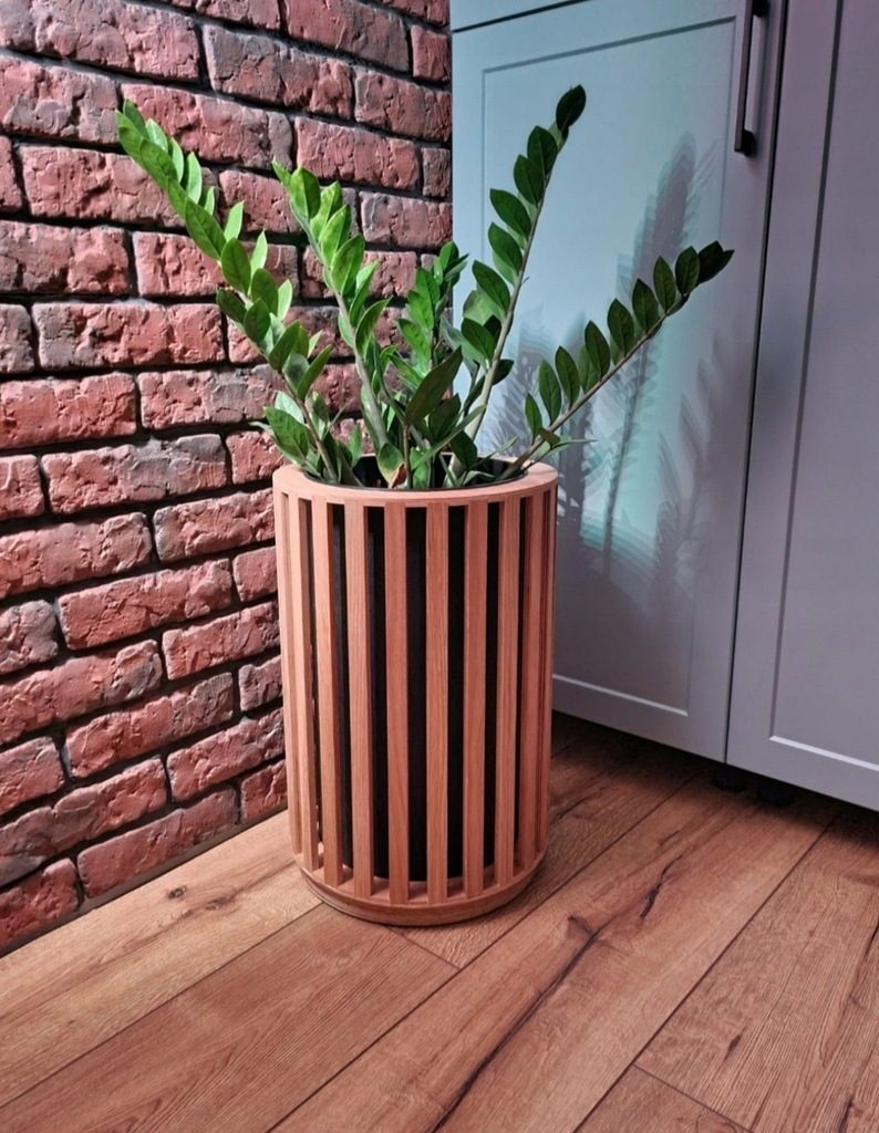 Pot de fleur fait main en lattes de chêne carré 2en1 éclairage LED 48cm – Réf. HT-17835