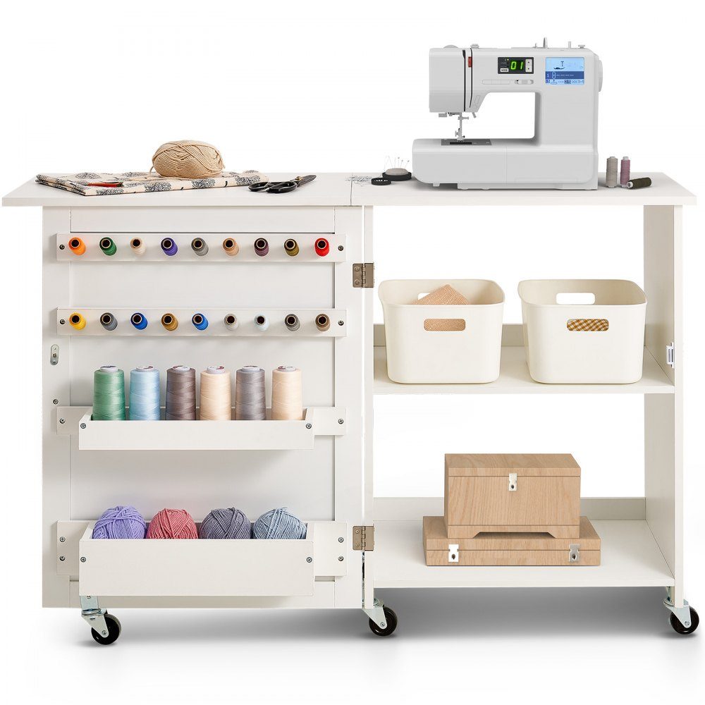 Opvouwbare naaitafel Multifunctionele naaimachinetafel met wielen en planken en opbergvakken en houten pennen en magnetische deuren, naaimachine wit (1170 x 400 x 778 mm)
