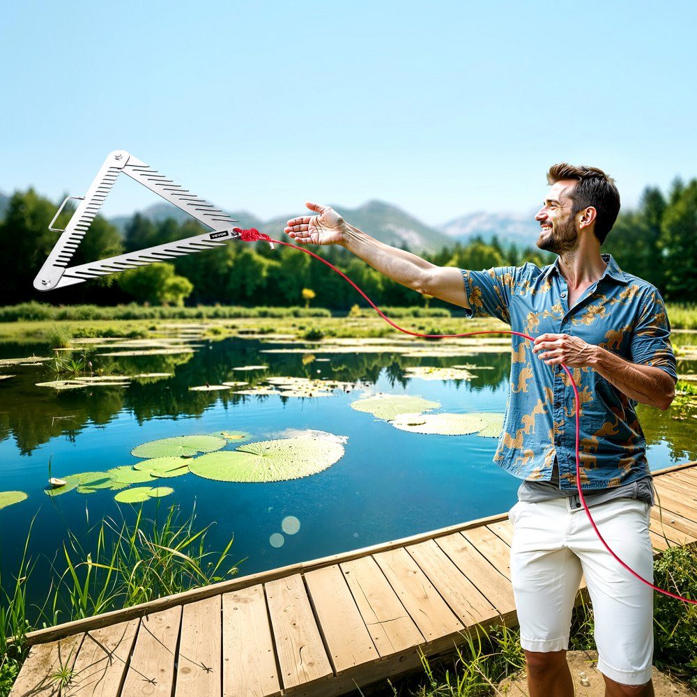 Râteau de bassin 515x540x9 mm, râteau à joncs de mer 3 côtés avec manche, rasoir à herbe de bassin pliable, coupe-herbe de bassin en acier inoxydable avec corde de 9 m, pour lacs et étangs