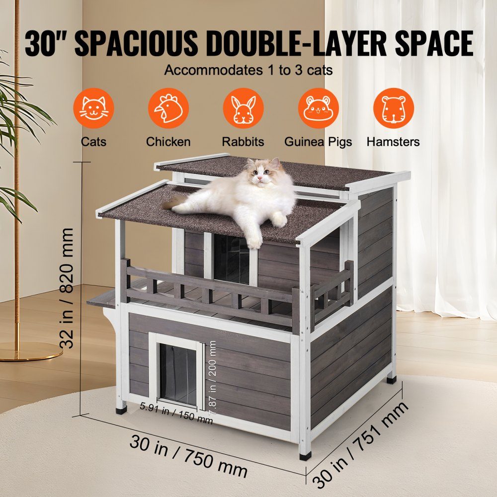 Katzenhaus für den Außenbereich, wetterfest, Unterschlupf für Wildkatzen für mehrere Katzen, großes 2-stöckiges Katzenhaus aus Holz für den Außenbereich mit Balkon, Türen, PVC-Türklappen und offenem Dach, 76,2 cm L x 76,2 cm B x 81,3 cm H
