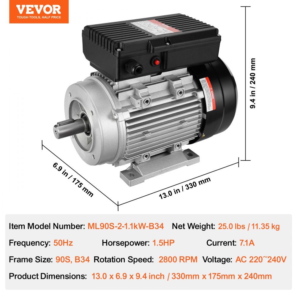 1,1 kW Elektromotor, 2800 U/min, AC 220–240 V, 7,1 A, 90S, B34-Rahmen, Luftkompressormotor, einphasig, 24 mm Keilwelle, Rechts-/Linksdrehung, für landwirtschaftliche Maschinen und allgemeine Geräte