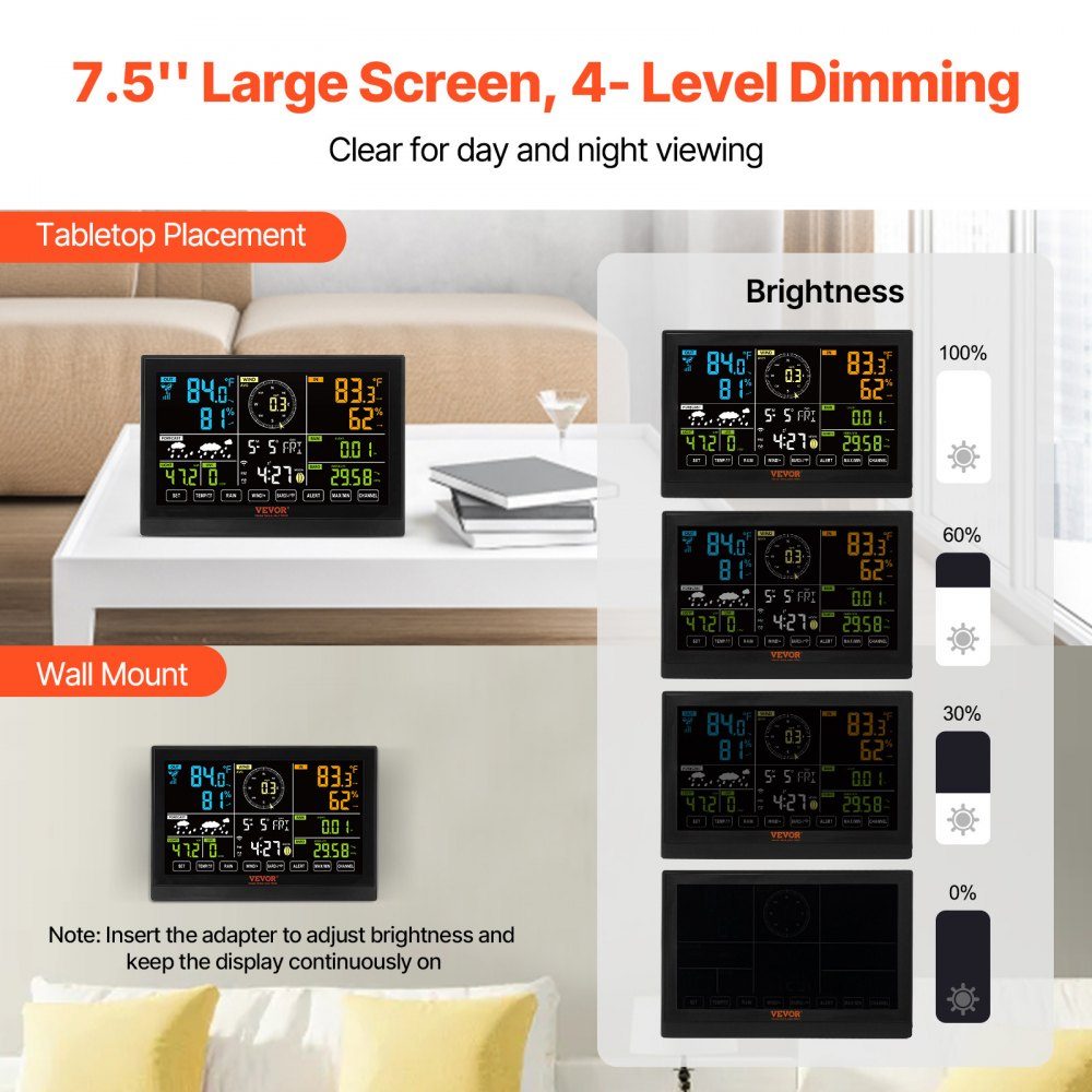 Professioneel WiFi-weerstation, 7-in-1 weercentrum op zonne-energie, 190,5 mm (7,5 inch) display, 150 m zendbereik, buitensensor voor windsnelheid, windrichting, temperatuur, vochtigheid, neerslag