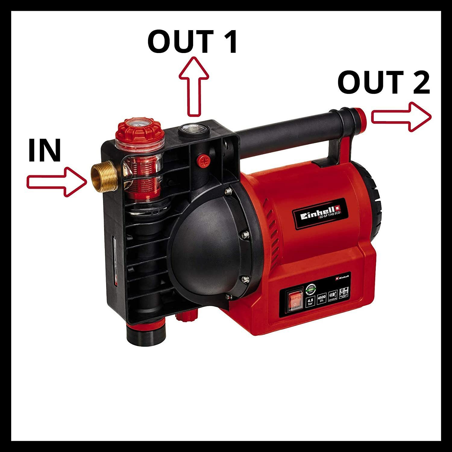Einhell tuinpomp GE-GP 1145 ECO (1.100 W, 4.500 l/u max. opbrengst, watervul-/vervuilings-/zuigindicator, thermische/vorstbeveiliging, watervulschroef, voorfilter met terugslagklep, incl. adapter)