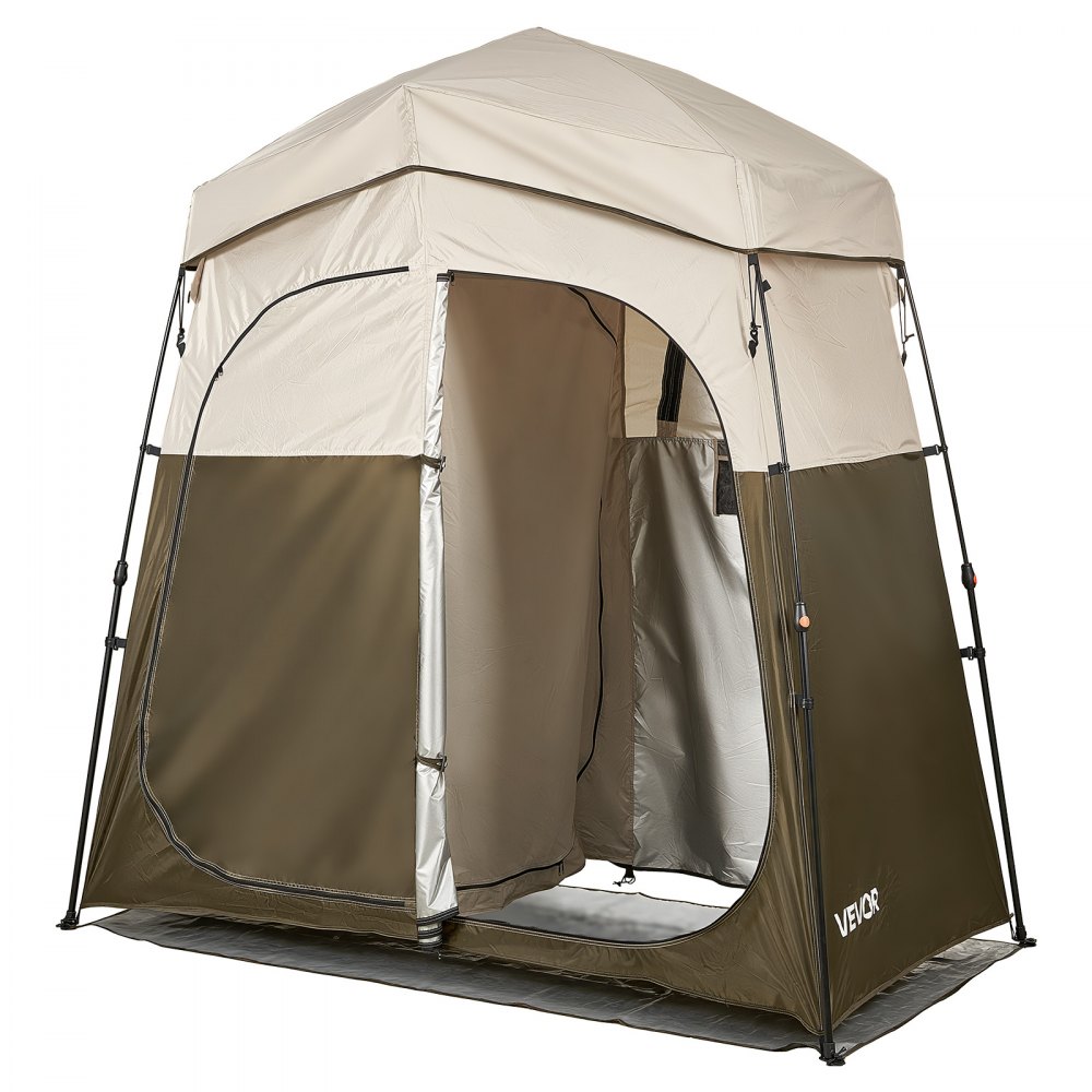 Tente de douche, tente de toilettes (2140x1120x213 cm) avec écran d'intimité et 2 pièces, tente à langer avec piquets, cordes et sac de transport, tente d'intimité en tissu Oxford 150D pour le camping, la plage, la pêche