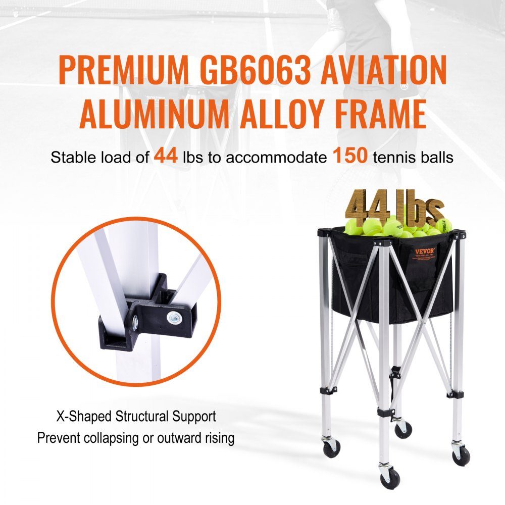 Conteneur de balles de tennis pliable, peut contenir 150 balles de tennis, chariot léger en alliage d'aluminium avec roulettes, sac amovible, sac de transport, chariot d'éducation physique portable pour joueurs de tennis