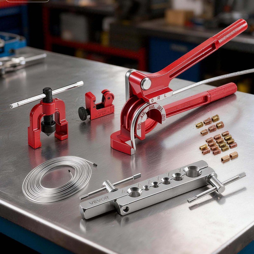Ensemble d'outils d'évasement de conduite de frein 5 pièces, outil d'évasement à 45° avec conduite de frein de 25 pieds x 1,75 mm pour un évasement facile, extenseur de tuyau avec 20 ports, 2 ports et cintreuse de tuyaux, kit de réparation de véhicule