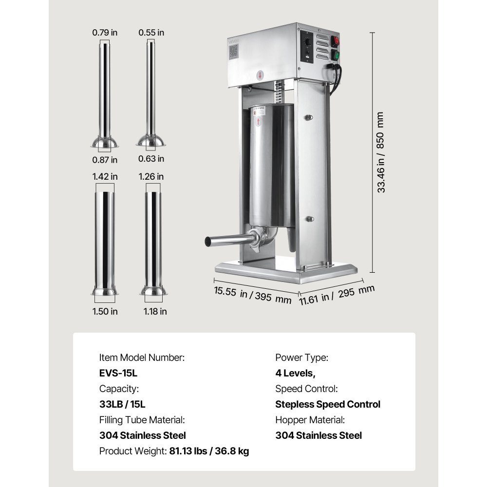Electric Sausage Filler 15L Sausage Filling Machine Meat Filler with Stepless Speed ​​Control & Pedal, High Performance Stainless Steel Filler with 4 Sausage Filling Tubes, Meat Filling