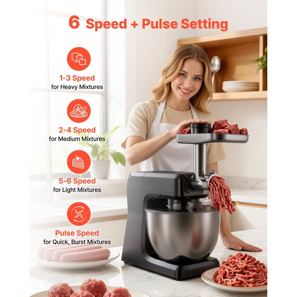 Robot culinaire électrique multifonction 1500 W avec bol en inox (7,8 l) et bol mélangeur (1,5 l), pétrin, pétrin à 6 vitesses + P, crochet pétrisseur, fouet et batteur