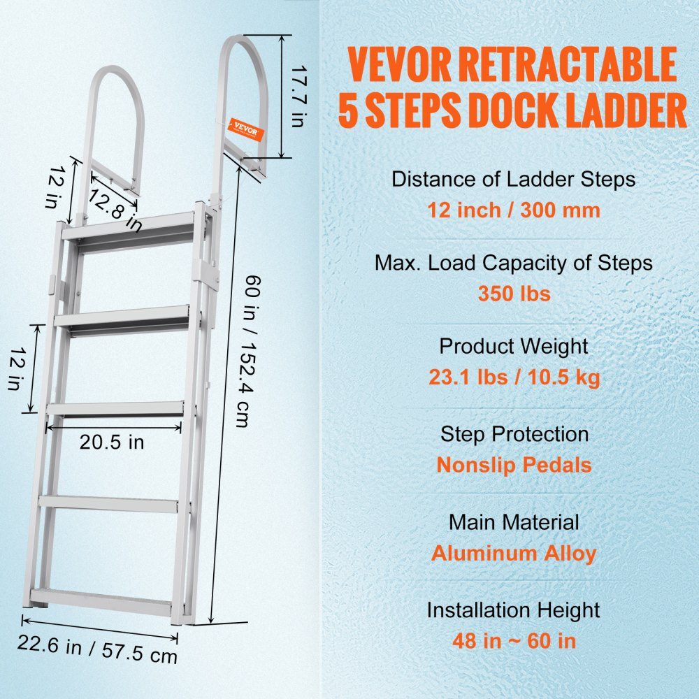 Dockleiter, 5 einziehbare Stufen, 159 kg Tragkraft, Ponton-Bootsleiter aus Aluminiumlegierung mit 1700–2005 mm verstellbarer Höhe, 10 cm breite Stufe zum Einsteigen in Schiffe/See/Pool/Marine