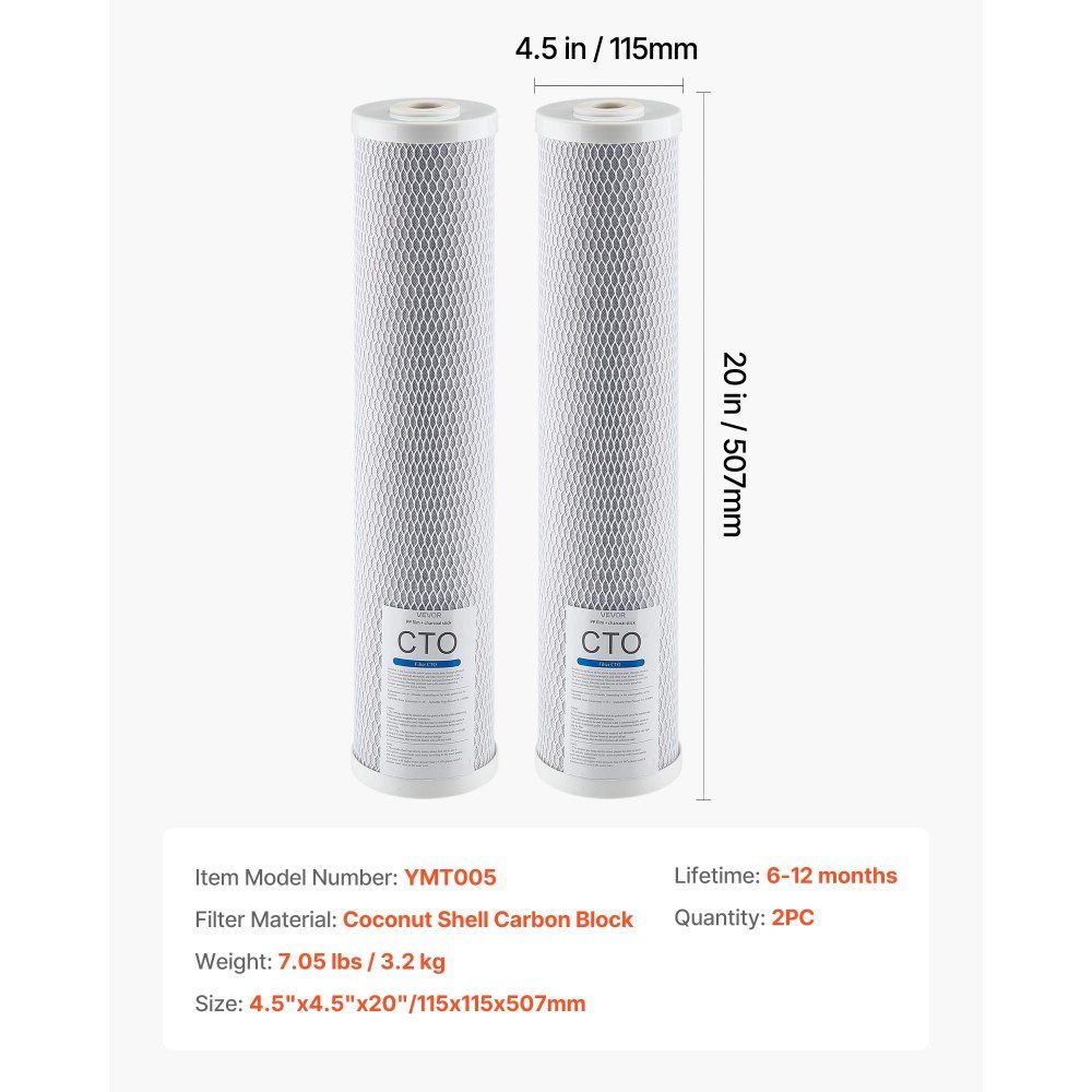 2-pack vervangingscartridge voor het hele huis waterfilter 115x507mm CTO koolstofblokvervangingsfilter voor 3-traps waterfiltersysteem vermindert chloor, slechte smaak en geur
