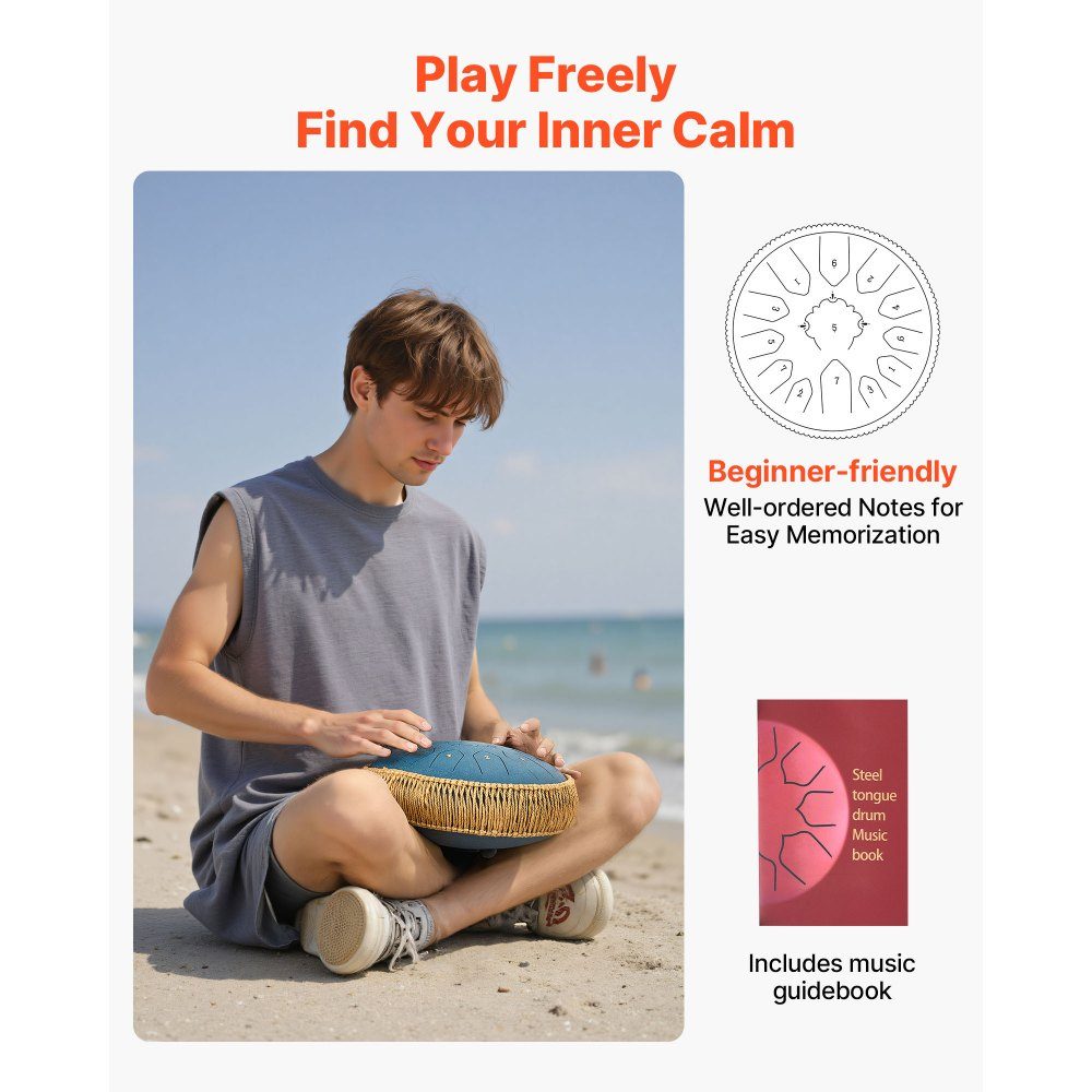 Zungentrommel, Ø305 mm, 13 Töne, Regentrommel, C-Dur, mit Notenbuch & Schlägeln, Schlaginstrument für Meditation, Yoga & musikalisches Einsteigertraining, Stahlzungentrommel Marineblau