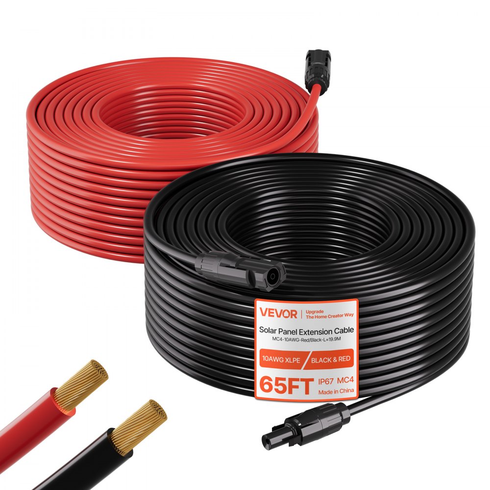 Rallonge de câble solaire 19,9 m noir & 19,9 m rouge, 10 AWG, câble d'extension solaire avec connecteurs MC4, câble en cuivre étamé étanche IP67, câble solaire pour systèmes photovoltaïques Rallonge de câble solaire 19,9 m noir & 19,9 m rouge, 10 AWG, câble d'extension solaire avec connecteurs MC4, câble en cuivre étamé étanche IP67, câble solaire pour systèmes photovoltaïques