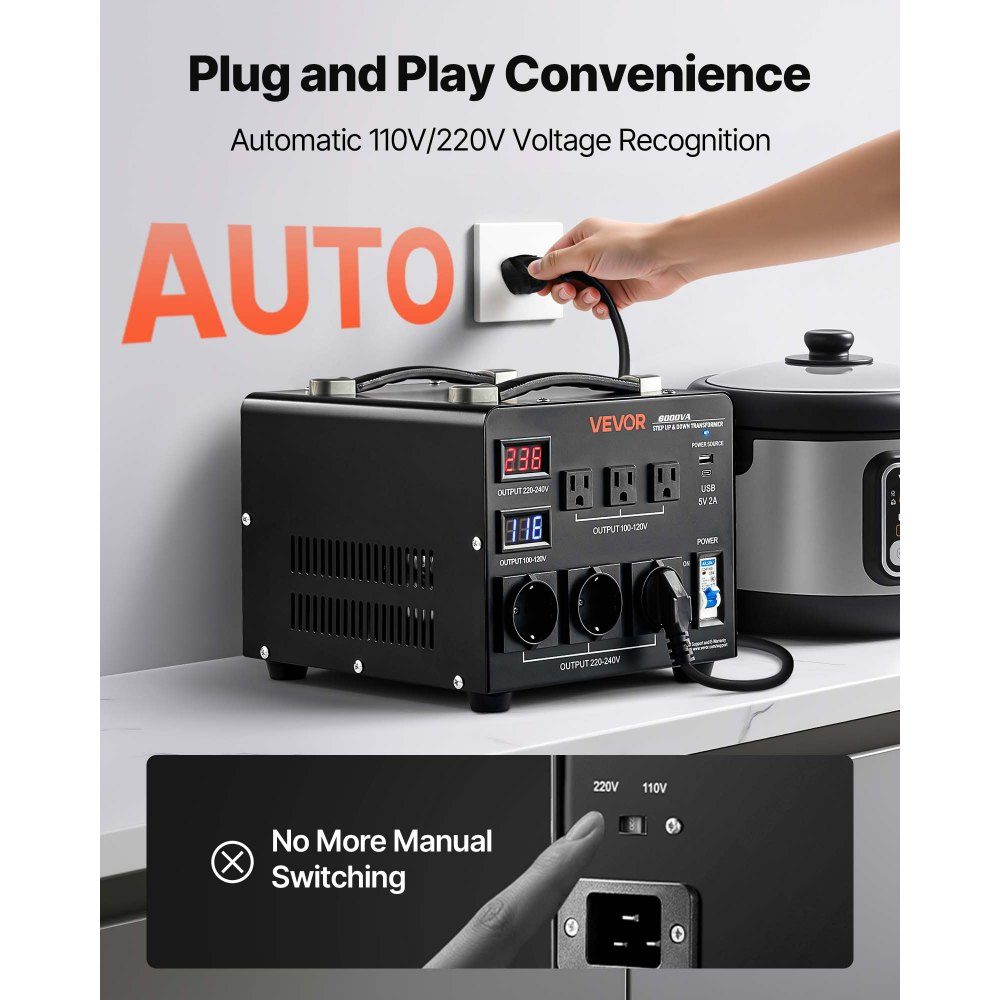 Spannungswandler-Transformator, 6000 VA, Aufwärts-/Abwärtstransformator, 110 V auf 220 V und 220 V auf 110 V, mit 3 US-Buchsen, 3 EU-Buchsen, LCD-Display, Leistungsschalter