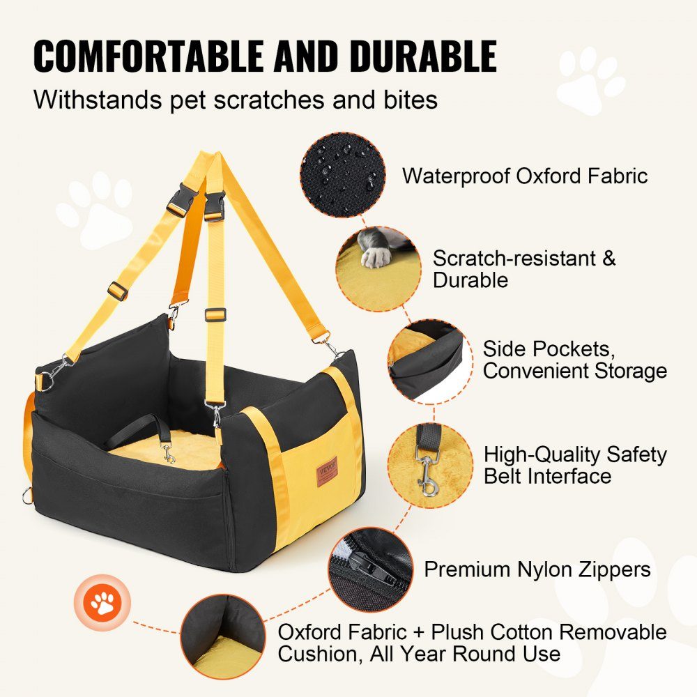 Dog Car Seat Booster Seat with Side Handles and Storage Bag, Attachable Safety Leash and PP Cotton Filling, Dog Car Bed for Small Dogs up to 25 Pounds, Black