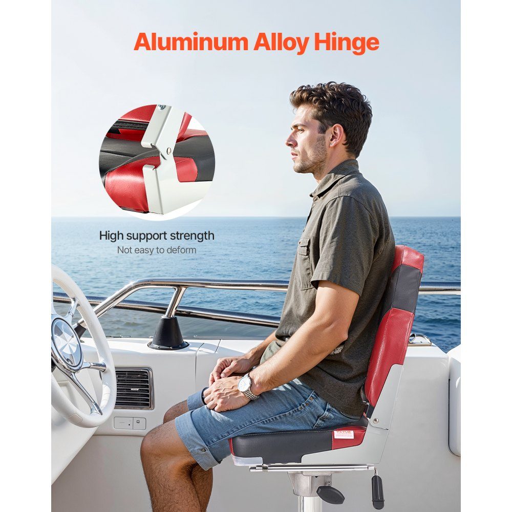 2pcs High Back Boat Seat Folding Fishing Boat Seat with Thick Sponge Cushion and Waterproof PVC Leather Aluminum Alloy Hinges Black and Red