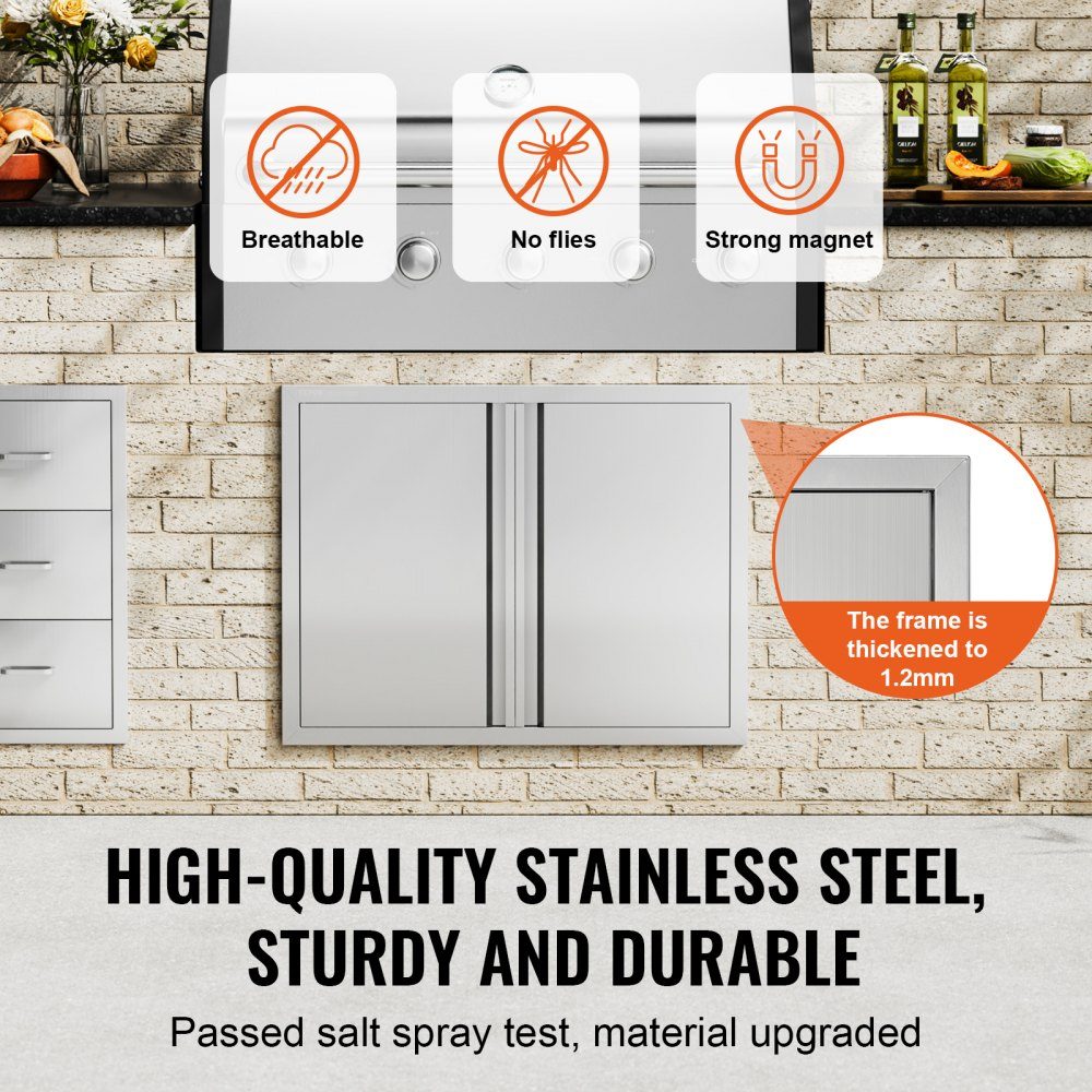 Grill Access Door 787x609mm Double Outdoor Kitchen Door Flush Mount Stainless Steel Door Vertical Wall Door with Retractable Handles for Grill Island Grill Station Outdoor Cabinet