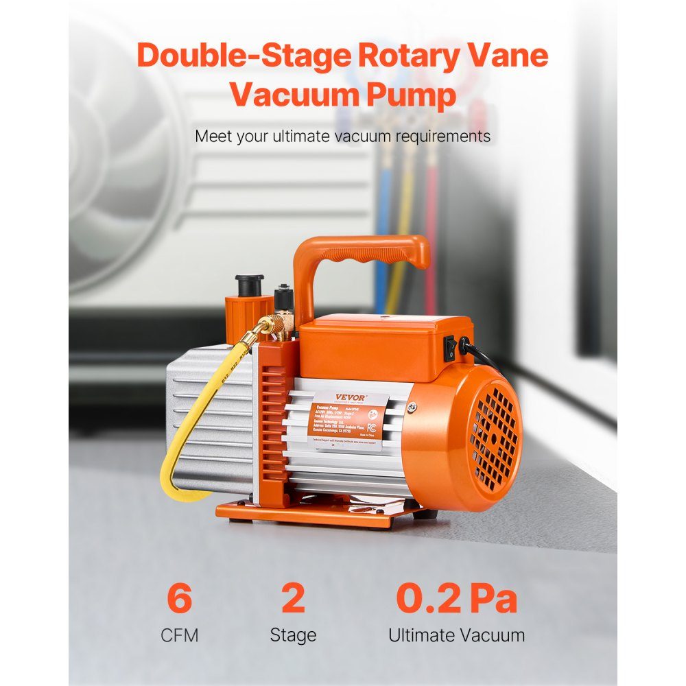 Vakuumpumpe 6 CFM HVAC 2-stufige Drehschieber-Vakuumpumpe für R134a R22 R410a-Systeme Auto-AC-Vakuumpumpensatz mit Ölflasche zur Harzentgasung für die Wartung von Autoklimaanlagen