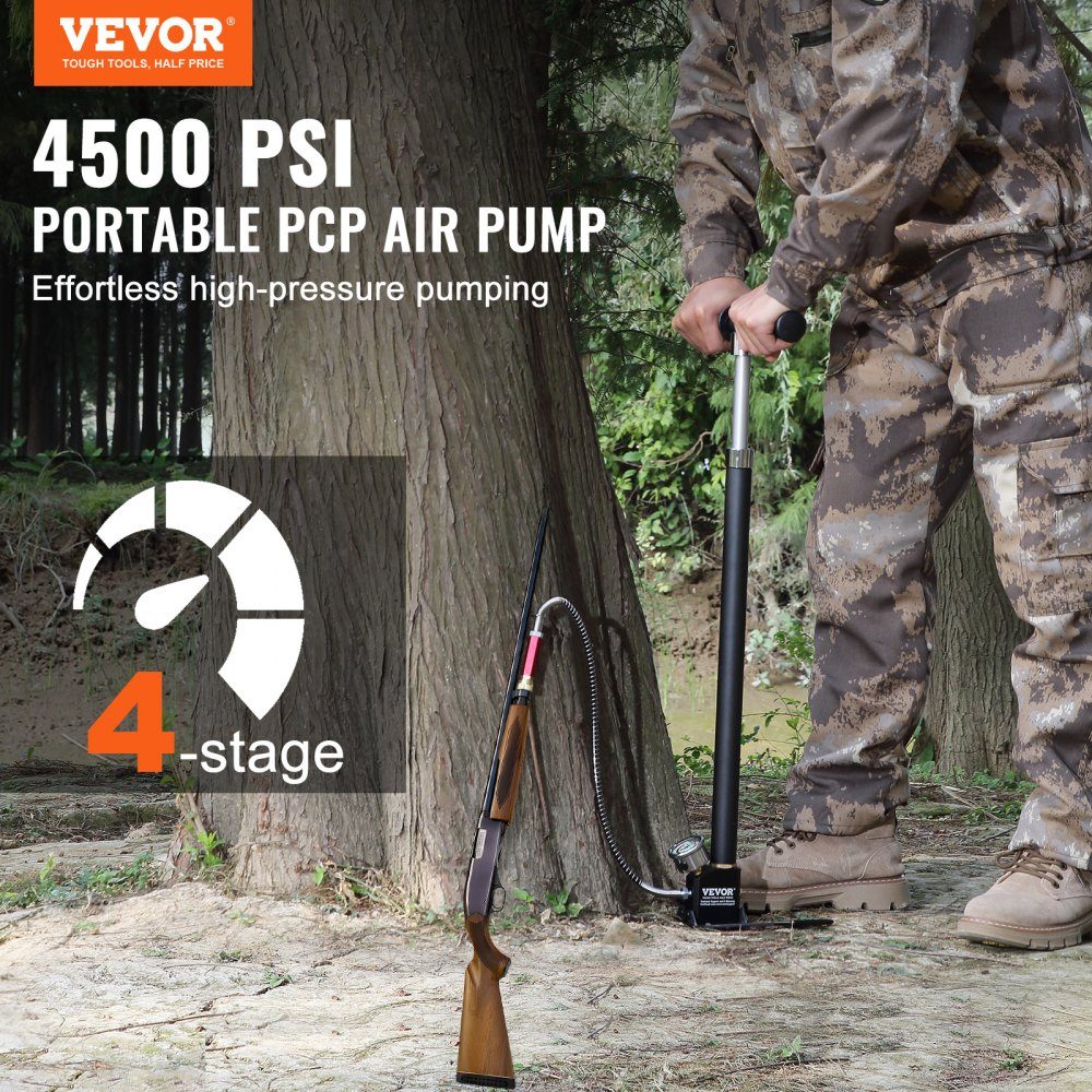PCP-Handpumpe, 4-stufig, 30 MPa, 4500 PSI, Hochdruck-PCP-Luftgewehr-Füllstangenpumpe mit Öl-Feuchtigkeitsfilter, Manometer, Edelstahl, für Luftgewehre, Tauchflaschen, Paintball-Füllreifen