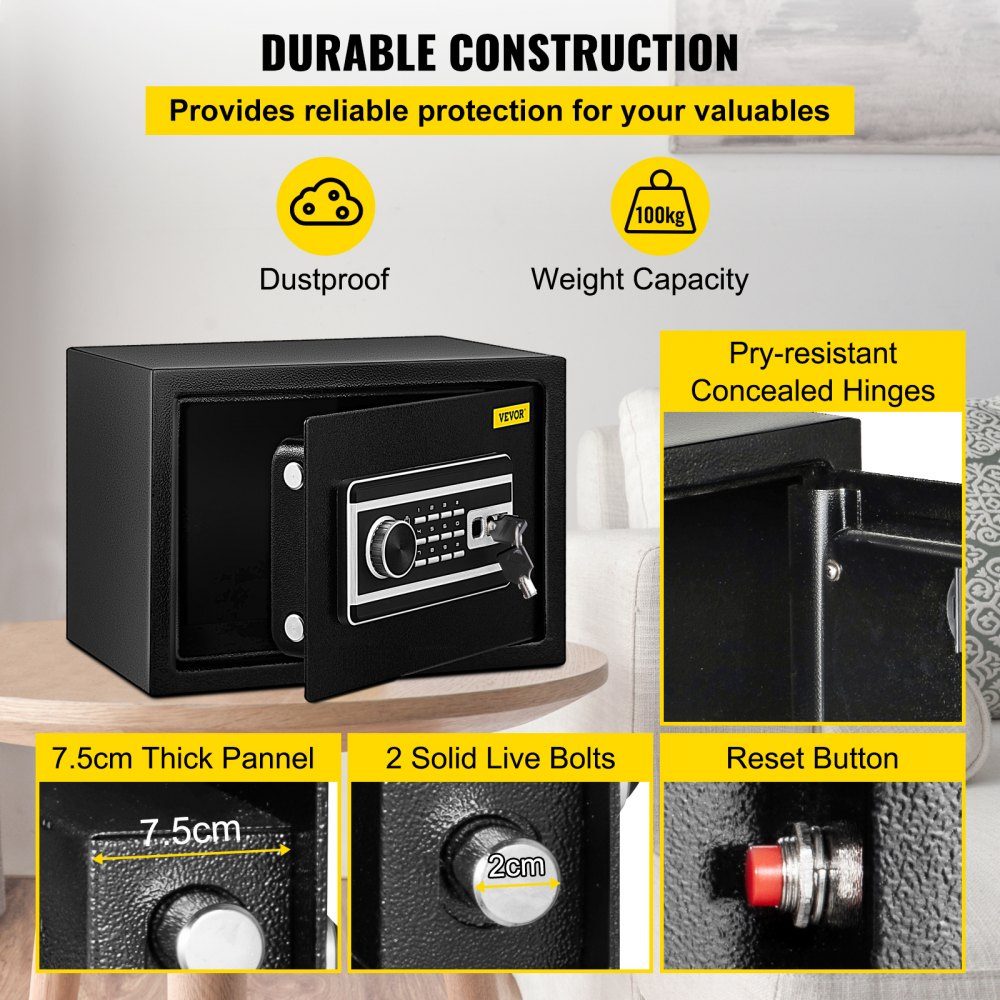 Safe 0.0227 m³, furniture safe 10kg load capacity, wall safe black dustproof with fingerprint code digital keyboard key 4 locking systems security safe apartment hotel office