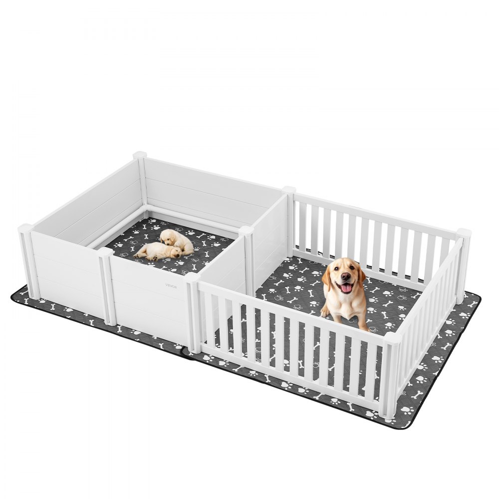 Werpbox voor honden, 237x123x46 cm, puppybox van kunststof PVC met in hoogte verstelbare deur & wasbaar plaskussen, 2-kamerindeling, puppybox voor extra grote honden, melkwit Werpbox voor honden, 237x123x46 cm, puppybox van kunststof PVC met in hoogte verstelbare deur & wasbaar plaskussen, 2-kamerindeling, puppybox voor extra grote honden, melkwit